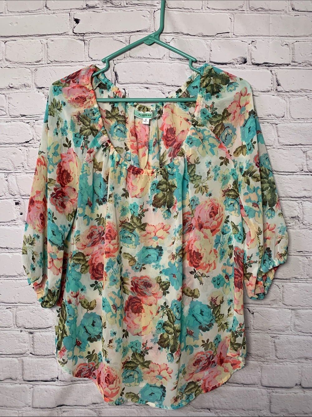 Pleione Floral Peasant Blouse in Cream, Teal & Coral